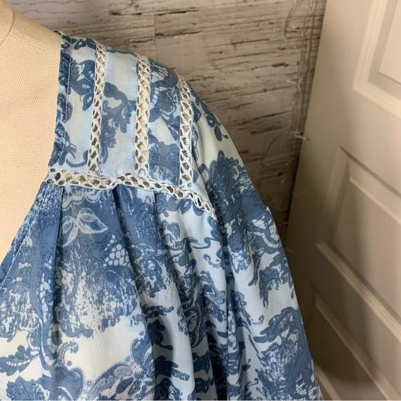 VINTAGE America Blues Boho Pullover Blouse Blue Paisley Floral Crochet Top Sz L - Picture 4 of 10